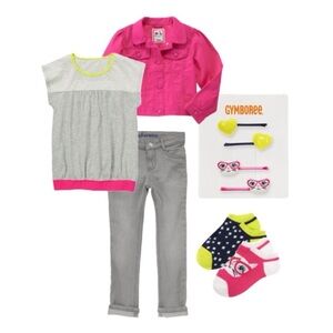 NWT Gymboree Girls Outfit Set Sz 4 XS S Pink Jean Jacket Gray Jeans Accessories